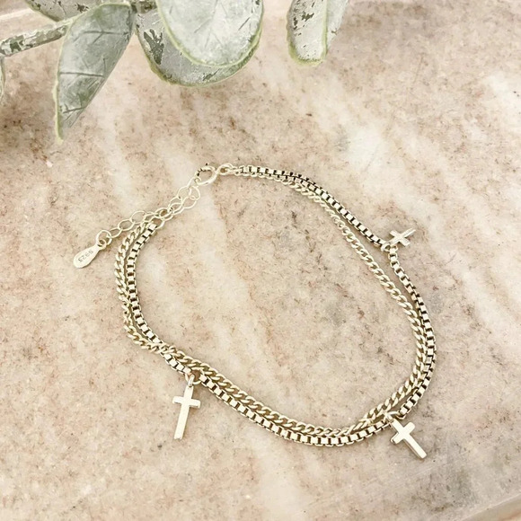 925 Sterling Silver Dainty Box Chain Bracelet Thin Dangle Cross Charm Bracelet - Picture 1 of 5